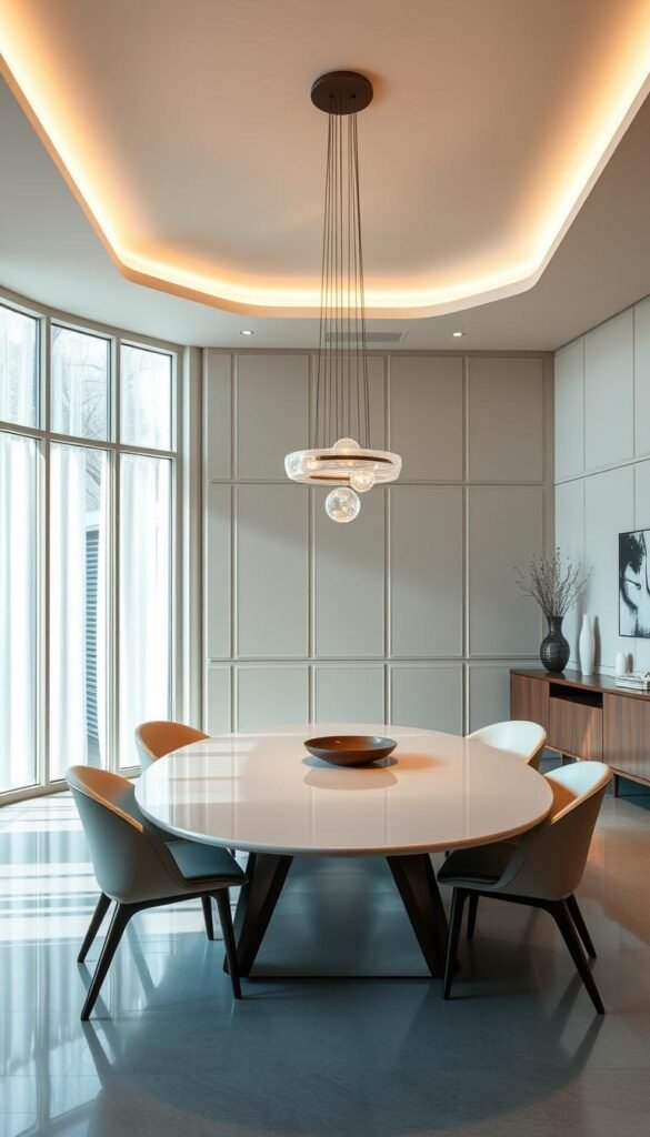 A mid-century modern dining room with sleek, minimalist furnishings and smart, integrated lighting. The room is bathed in a warm, ambient glow from recessed lighting and a statement chandelier suspended above the glossy, oval dining table. The walls feature clean, geometric paneling and a large floor-to-ceiling window that fills the space with natural light, casting soft shadows across the scene. Elegant but functional chairs with tapered legs surround the table, and a credenza or sideboard along the far wall showcases curated decor pieces. The overall atmosphere is one of sophisticated, technology-infused vintage style. A mid-century modern dining room with sleek, minimalist furnishings and smart, integrated lighting. The room is bathed in a warm, ambient glow from recessed lighting and a statement chandelier suspended above the glossy, oval dining table. The walls feature clean, geometric paneling and a large floor-to-ceiling window that fills the space with natural light, casting soft shadows across the scene. Elegant but functional chairs with tapered legs surround the table, and a credenza or sideboard along the far wall showcases curated decor pieces. The overall atmosphere is one of sophisticated, technology-infused vintage style.