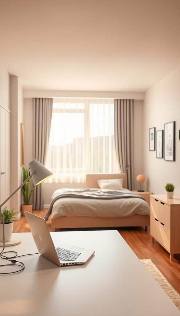A minimalist and modern teenage boy's room with clean lines, warm lighting, and a balanced aesthetic. The foreground showcases a sleek desk setup with a laptop, a few plants, and a simple, geometric desk lamp. The middle ground features a neatly made bed with a modern headboard and minimal bedding. The background depicts a large window with sheer curtains, allowing natural light to flood the space. The walls are painted in a soothing, neutral tone, complemented by a few carefully curated wall art pieces. The overall mood is one of serenity, functionality, and a touch of youthful sophistication, captured with a medium-wide angle lens and soft, warm lighting. A minimalist and modern teenage boy's room with clean lines, warm lighting, and a balanced aesthetic. The foreground showcases a sleek desk setup with a laptop, a few plants, and a simple, geometric desk lamp. The middle ground features a neatly made bed with a modern headboard and minimal bedding. The background depicts a large window with sheer curtains, allowing natural light to flood the space. The walls are painted in a soothing, neutral tone, complemented by a few carefully curated wall art pieces. The overall mood is one of serenity, functionality, and a touch of youthful sophistication, captured with a medium-wide angle lens and soft, warm lighting.