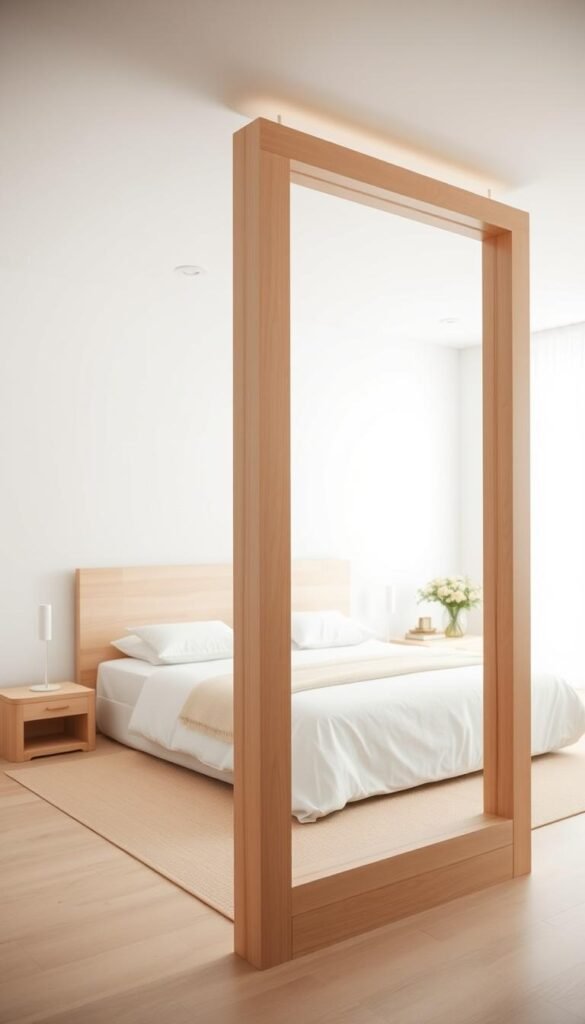 A minimalist bedroom with a simple, elegant room divider in the foreground. The divider is made of light-colored wood, with clean lines and a geometric design. The bedroom itself is bright and airy, with white walls, a neutral-toned bed, and a few potted plants or other natural accents. The lighting is soft and diffused, creating a calming, serene atmosphere. The composition emphasizes the interplay between the defined spaces created by the room divider and the overall openness of the bedroom. The focus is on the thoughtful use of space and materials to create a harmonious, balanced design. A minimalist bedroom with a simple, elegant room divider in the foreground. The divider is made of light-colored wood, with clean lines and a geometric design. The bedroom itself is bright and airy, with white walls, a neutral-toned bed, and a few potted plants or other natural accents. The lighting is soft and diffused, creating a calming, serene atmosphere. The composition emphasizes the interplay between the defined spaces created by the room divider and the overall openness of the bedroom. The focus is on the thoughtful use of space and materials to create a harmonious, balanced design.