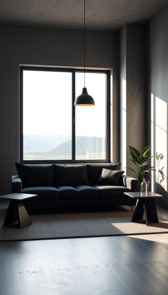 A minimalist black living room with clean lines and a serene atmosphere. A large picture window frames a tranquil outdoor view, allowing natural light to filter in. Soft, ambient lighting from a single pendant fixture casts a warm glow, while a plush, charcoal-colored sofa anchors the space. Sleek, angular side tables in a matte black finish complement the modern aesthetic. The floor is covered in a neutral, textured rug, adding warmth and depth. Bare, concrete walls create an industrial-chic backdrop, balanced by the presence of a single, potted plant adding a touch of organic life. An overall sense of simplicity and elegance pervades the scene. A minimalist black living room with clean lines and a serene atmosphere. A large picture window frames a tranquil outdoor view, allowing natural light to filter in. Soft, ambient lighting from a single pendant fixture casts a warm glow, while a plush, charcoal-colored sofa anchors the space. Sleek, angular side tables in a matte black finish complement the modern aesthetic. The floor is covered in a neutral, textured rug, adding warmth and depth. Bare, concrete walls create an industrial-chic backdrop, balanced by the presence of a single, potted plant adding a touch of organic life. An overall sense of simplicity and elegance pervades the scene.