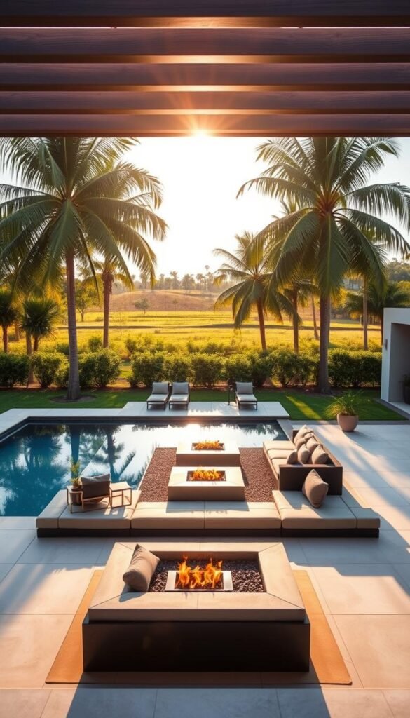 A modern backyard design with a well-manicured lawn, neatly trimmed hedges, and a striking focal point - a rectangular in-ground swimming pool with sleek tiled edges. Surrounding the pool, a minimalist patio with smooth concrete tiles and a handful of contemporary lounge chairs. In the middle-ground, a low-profile modular outdoor sofa set with plush cushions, flanked by potted plants and a large, angular firepit. Overhead, a pergola casts intricate shadows, creating a cozy, open-air ambiance. The background is a lush, verdant landscape with towering palm trees swaying gently in the warm breeze. Warm, golden sunlight filters through, illuminating the scene with a soft, tranquil glow. A modern backyard design with a well-manicured lawn, neatly trimmed hedges, and a striking focal point - a rectangular in-ground swimming pool with sleek tiled edges. Surrounding the pool, a minimalist patio with smooth concrete tiles and a handful of contemporary lounge chairs. In the middle-ground, a low-profile modular outdoor sofa set with plush cushions, flanked by potted plants and a large, angular firepit. Overhead, a pergola casts intricate shadows, creating a cozy, open-air ambiance. The background is a lush, verdant landscape with towering palm trees swaying gently in the warm breeze. Warm, golden sunlight filters through, illuminating the scene with a soft, tranquil glow.