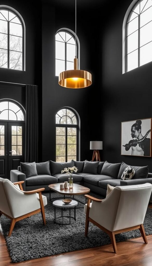 A modern black living room design with a sleek, minimalist aesthetic. A large, cozy sectional sofa with clean lines and soft, charcoal upholstery takes center stage, framed by a pair of mid-century modern armchairs in a contrasting light tone. The room is illuminated by a statement brass-finished pendant light, its warm glow casting a rich, moody ambiance. Tall, arched windows let in natural light, creating depth and balance. The walls are painted in a deep, inky black, lending an air of sophistication. Subtle textural elements, such as a shag rug and a wooden coffee table, add visual interest. An abstract art piece hangs on the wall, complementing the monochromatic palette. A modern black living room design with a sleek, minimalist aesthetic. A large, cozy sectional sofa with clean lines and soft, charcoal upholstery takes center stage, framed by a pair of mid-century modern armchairs in a contrasting light tone. The room is illuminated by a statement brass-finished pendant light, its warm glow casting a rich, moody ambiance. Tall, arched windows let in natural light, creating depth and balance. The walls are painted in a deep, inky black, lending an air of sophistication. Subtle textural elements, such as a shag rug and a wooden coffee table, add visual interest. An abstract art piece hangs on the wall, complementing the monochromatic palette.