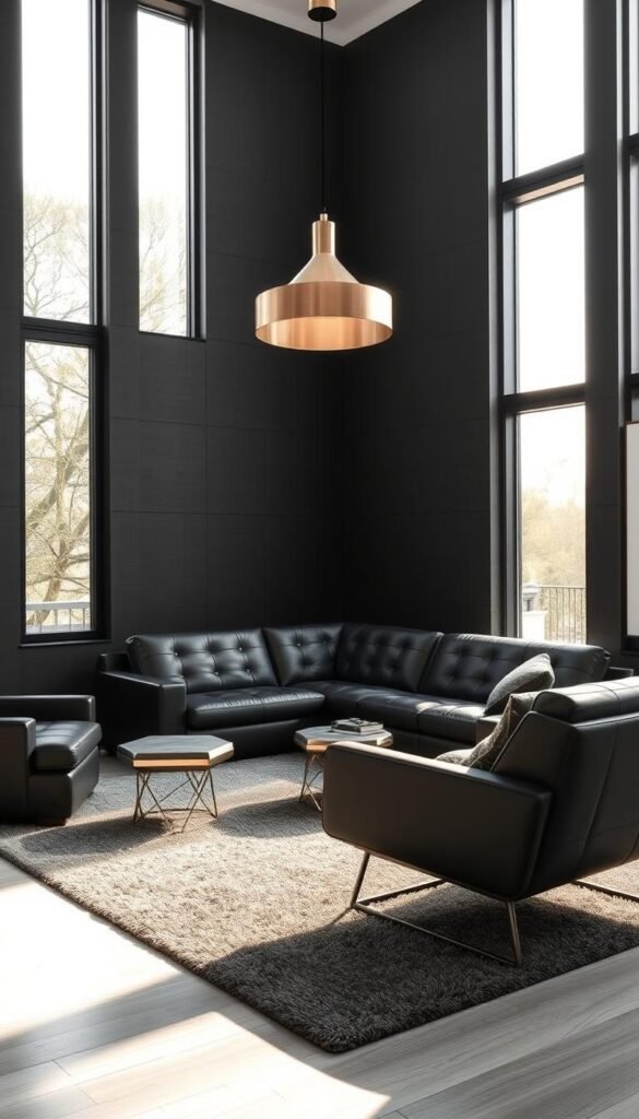A modern black living room with a sleek, minimalist design. Large windows flood the space with natural light, casting a warm glow on the dark furniture. A low-profile sofa in matte black leather takes center stage, flanked by an angular armchair and a matching ottoman. The room is accented with metallic accents, such as a geometric coffee table and a pendant light fixture with a brushed brass finish. Textured wall panels in a deep charcoal hue create depth and visual interest, while a plush area rug in a subtle pattern anchors the seating arrangement. The overall mood is sophisticated, cozy, and inviting, perfect for a stylish teen's retreat. A modern black living room with a sleek, minimalist design. Large windows flood the space with natural light, casting a warm glow on the dark furniture. A low-profile sofa in matte black leather takes center stage, flanked by an angular armchair and a matching ottoman. The room is accented with metallic accents, such as a geometric coffee table and a pendant light fixture with a brushed brass finish. Textured wall panels in a deep charcoal hue create depth and visual interest, while a plush area rug in a subtle pattern anchors the seating arrangement. The overall mood is sophisticated, cozy, and inviting, perfect for a stylish teen's retreat.