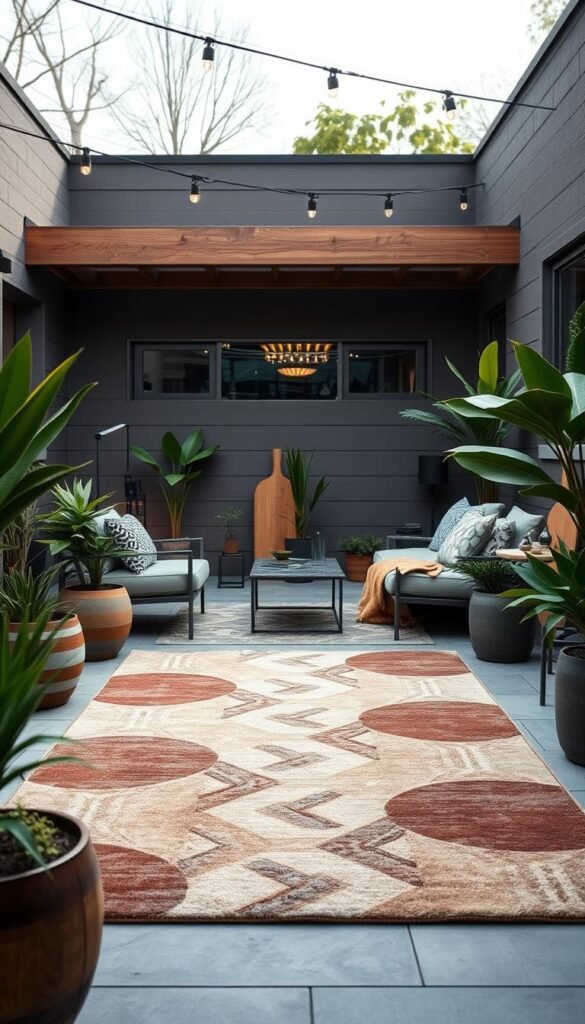 A modern, chic outdoor living space with a striking statement rug placed at the center. The rug features a bold, abstract geometric pattern in a muted color palette of earthy tones, blending seamlessly with the surrounding natural environment. Lush potted plants, sleek patio furniture, and warm lighting create a cozy, inviting ambiance. The scene is bathed in soft, natural light, highlighting the rug's intricate details and plush texture. The camera captures the rug from a slightly elevated perspective, emphasizing its scale and visual impact within the carefully curated outdoor setting. A modern, chic outdoor living space with a striking statement rug placed at the center. The rug features a bold, abstract geometric pattern in a muted color palette of earthy tones, blending seamlessly with the surrounding natural environment. Lush potted plants, sleek patio furniture, and warm lighting create a cozy, inviting ambiance. The scene is bathed in soft, natural light, highlighting the rug's intricate details and plush texture. The camera captures the rug from a slightly elevated perspective, emphasizing its scale and visual impact within the carefully curated outdoor setting.