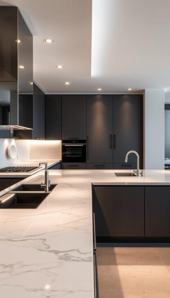 A modern, high-end kitchen with sleek, minimalist countertops in a variety of materials. The countertops are the focal point, showcasing an array of elegant, high-quality designs ranging from smooth, polished granite to sophisticated, veined marble. Soft, warm lighting from recessed fixtures casts a gentle glow, highlighting the natural beauty and luster of the surfaces. The overall atmosphere is one of understated sophistication and refined elegance, creating an aspirational vision of a dream kitchen. A modern, high-end kitchen with sleek, minimalist countertops in a variety of materials. The countertops are the focal point, showcasing an array of elegant, high-quality designs ranging from smooth, polished granite to sophisticated, veined marble. Soft, warm lighting from recessed fixtures casts a gentle glow, highlighting the natural beauty and luster of the surfaces. The overall atmosphere is one of understated sophistication and refined elegance, creating an aspirational vision of a dream kitchen.