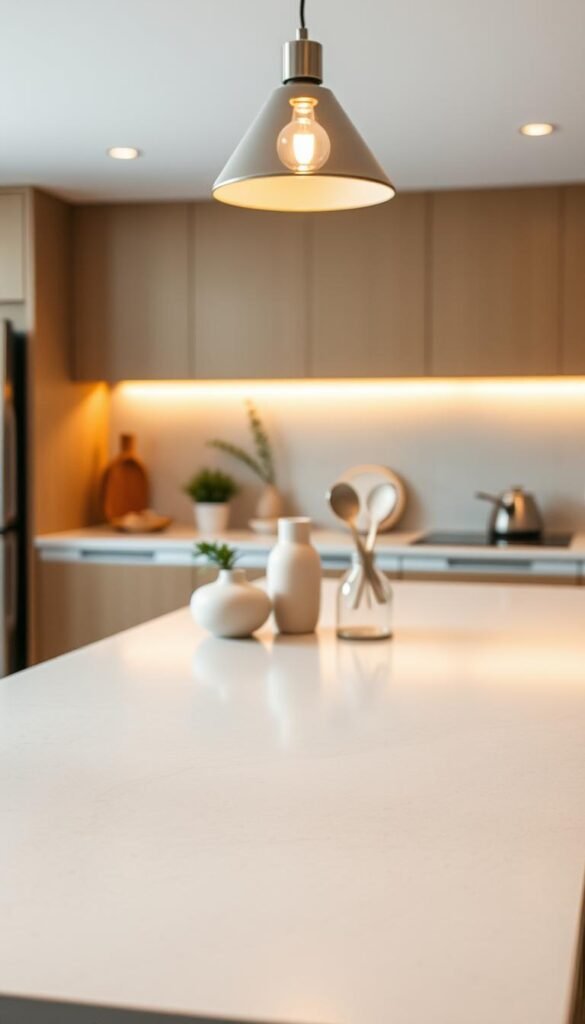 A modern kitchen countertop design, bathed in warm, natural lighting that casts a soft, diffused glow across the sleek, minimalist surface. Smooth, honed granite or quartz material in a neutral tone, perhaps with subtle veining or flecks, stretches out in the foreground, its edges gently beveled. Overhead, a simple, minimalist pendant light fixture provides a touch of elegant, ambient illumination, casting a gentle radiance that highlights the depth and texture of the countertop. In the middle ground, a carefully curated selection of contemporary kitchen accessories - a few artfully arranged plants, a modern ceramic vase, a set of brushed metal utensils - add visual interest and a sense of refined, understated style. The background is softly blurred, allowing the focus to remain on the beautifully lit countertop design. Prompt A modern kitchen countertop design, bathed in warm, natural lighting that casts a soft, diffused glow across the sleek, minimalist surface. Smooth, honed granite or quartz material in a neutral tone, perhaps with subtle veining or flecks, stretches out in the foreground, its edges gently beveled. Overhead, a simple, minimalist pendant light fixture provides a touch of elegant, ambient illumination, casting a gentle radiance that highlights the depth and texture of the countertop. In the middle ground, a carefully curated selection of contemporary kitchen accessories - a few artfully arranged plants, a modern ceramic vase, a set of brushed metal utensils - add visual interest and a sense of refined, understated style. The background is softly blurred, allowing the focus to remain on the beautifully lit countertop design. Prompt
