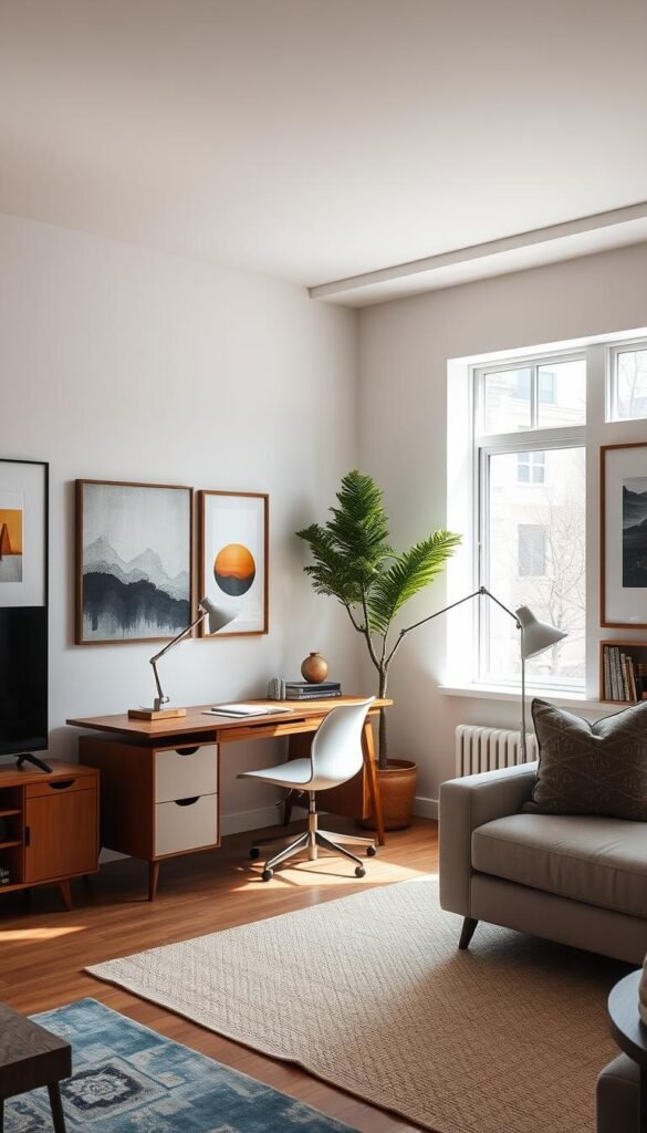 A modern living room with a designated office area, featuring a mid-century inspired desk, sleek chair, and personalized wall art. The space is illuminated by a combination of natural light from large windows and a minimalist pendant lamp, casting a warm, inviting glow. The walls are adorned with a carefully curated collection of abstract paintings and photographic prints, adding depth, texture, and a touch of the owner's personality to the room. The overall aesthetic is a harmonious blend of functionality and stylish decor, creating a seamless living room office setup. A modern living room with a designated office area, featuring a mid-century inspired desk, sleek chair, and personalized wall art. The space is illuminated by a combination of natural light from large windows and a minimalist pendant lamp, casting a warm, inviting glow. The walls are adorned with a carefully curated collection of abstract paintings and photographic prints, adding depth, texture, and a touch of the owner's personality to the room. The overall aesthetic is a harmonious blend of functionality and stylish decor, creating a seamless living room office setup.