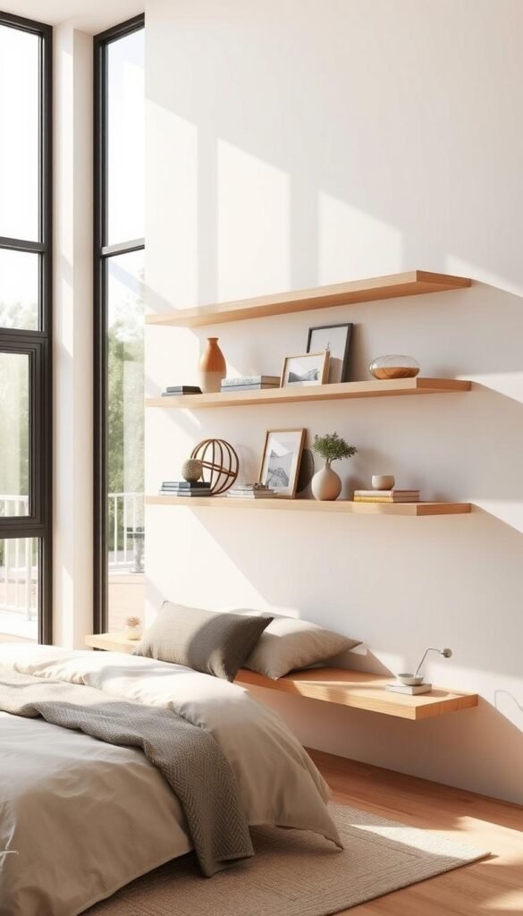 A modern, minimalist bedroom with a floating shelf system mounted on the wall, showcasing a carefully curated display of decorative objects and personal items. The room is bathed in natural light filtering through large windows, creating a serene and airy atmosphere. The floating shelves are made of a sleek, light-colored wood, complementing the neutral color palette of the space. The walls are painted in a soft, muted tone, allowing the shelves and their contents to be the focal point. The overall vibe is one of simplicity, functionality, and a touch of understated elegance. A modern, minimalist bedroom with a floating shelf system mounted on the wall, showcasing a carefully curated display of decorative objects and personal items. The room is bathed in natural light filtering through large windows, creating a serene and airy atmosphere. The floating shelves are made of a sleek, light-colored wood, complementing the neutral color palette of the space. The walls are painted in a soft, muted tone, allowing the shelves and their contents to be the focal point. The overall vibe is one of simplicity, functionality, and a touch of understated elegance.