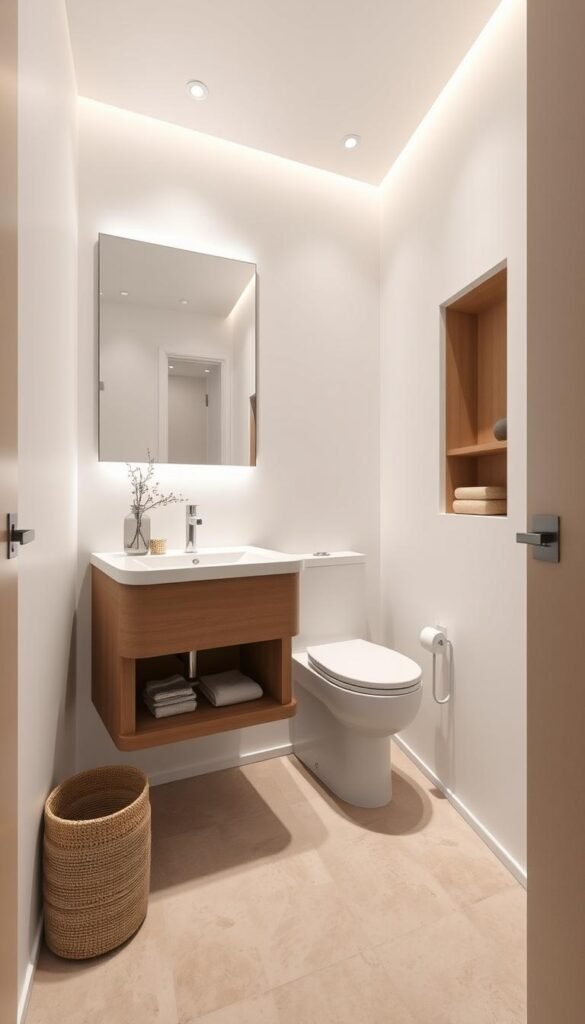 A modern, minimalist half bathroom with sleek, space-saving fixtures. The vanity is a floating design with built-in storage, illuminated by soft, diffused lighting from above. The toilet is a wall-mounted model, freeing up floor space. The large mirror extends the perceived depth of the room, while a recessed medicine cabinet provides additional storage. The floors are laid with neutral-toned tiles, complemented by crisp white walls. Muted, earthy accents add warmth, creating a spa-like ambiance. The scene is captured from a slightly elevated perspective, emphasizing the efficient use of the compact space.