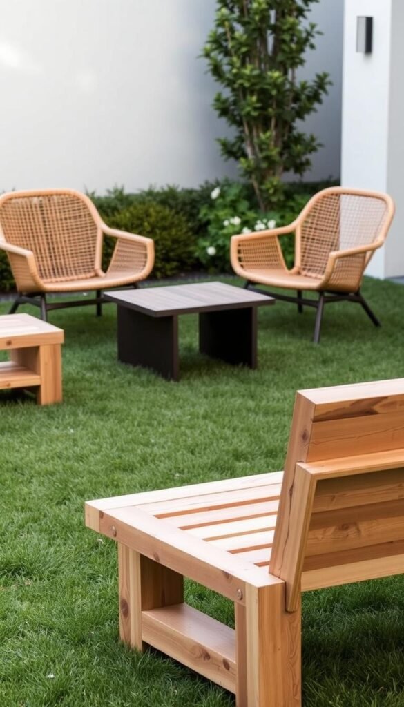 A modern, minimalist outdoor furniture set crafted from reclaimed wood and sustainable materials. In the foreground, a stylish wooden bench with clean lines and a natural finish. In the middle, a low-profile coffee table made from recycled plastic and bamboo. In the background, a pair of comfortable armchairs with woven rattan backs, positioned on a lush green lawn. Soft, diffused natural lighting casts a warm glow, creating an inviting and eco-friendly atmosphere. The scene conveys a sense of tranquility and harmony with nature, highlighting the beauty and practicality of sustainable outdoor living. A modern, minimalist outdoor furniture set crafted from reclaimed wood and sustainable materials. In the foreground, a stylish wooden bench with clean lines and a natural finish. In the middle, a low-profile coffee table made from recycled plastic and bamboo. In the background, a pair of comfortable armchairs with woven rattan backs, positioned on a lush green lawn. Soft, diffused natural lighting casts a warm glow, creating an inviting and eco-friendly atmosphere. The scene conveys a sense of tranquility and harmony with nature, highlighting the beauty and practicality of sustainable outdoor living.