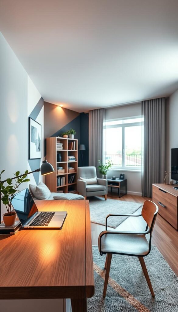 A modern, minimalist teenage boy's bedroom with a multi-purpose design. In the foreground, a minimalist wooden desk with a laptop, desk lamp, and a potted plant, bathed in warm, diffused lighting. In the middle ground, a cozy reading nook with a plush armchair and a small side table, surrounded by bookshelves. The background features an accent wall with geometric patterns, complemented by a large window that lets in natural light. The overall atmosphere is calm, focused, and conducive to both work and relaxation. A modern, minimalist teenage boy's bedroom with a multi-purpose design. In the foreground, a minimalist wooden desk with a laptop, desk lamp, and a potted plant, bathed in warm, diffused lighting. In the middle ground, a cozy reading nook with a plush armchair and a small side table, surrounded by bookshelves. The background features an accent wall with geometric patterns, complemented by a large window that lets in natural light. The overall atmosphere is calm, focused, and conducive to both work and relaxation.