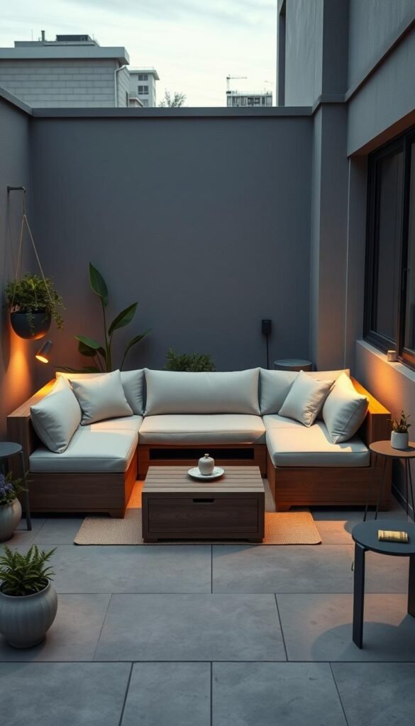 A modern, multifunctional furniture piece in a small, cozy outdoor space. A sleek, modular sofa-daybed hybrid with clean lines and a neutral color palette, complemented by a matching coffee table that doubles as storage. Soft, indirect lighting casts a warm glow, creating an inviting ambiance. The arrangement is flanked by potted plants, a hanging planter, and a compact side table, all designed to maximize functionality within the limited footprint. The scene exudes a sense of minimalist sophistication, perfectly suited for relaxing or entertaining in a small urban patio or balcony. A modern, multifunctional furniture piece in a small, cozy outdoor space. A sleek, modular sofa-daybed hybrid with clean lines and a neutral color palette, complemented by a matching coffee table that doubles as storage. Soft, indirect lighting casts a warm glow, creating an inviting ambiance. The arrangement is flanked by potted plants, a hanging planter, and a compact side table, all designed to maximize functionality within the limited footprint. The scene exudes a sense of minimalist sophistication, perfectly suited for relaxing or entertaining in a small urban patio or balcony.