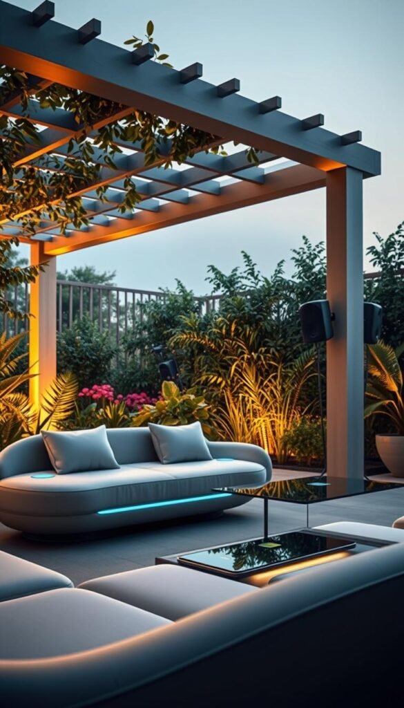 A modern outdoor lounge area with a sleek, integrated technological setup. In the foreground, a curved, minimalist sofa with built-in LED lighting and wireless charging pads. In the middle ground, a glass-topped coffee table with a subtle touchscreen interface, allowing control of surrounding smart devices. The background features a freestanding, angular pergola structure, its beams embedded with discreet speakers and motion-activated ambient lighting. Warm, diffused lighting creates a cozy, high-tech atmosphere, complemented by a lush, verdant backdrop of leafy plants and blooming flowers. The scene exudes a harmonious blend of nature and cutting-edge technology. A modern outdoor lounge area with a sleek, integrated technological setup. In the foreground, a curved, minimalist sofa with built-in LED lighting and wireless charging pads. In the middle ground, a glass-topped coffee table with a subtle touchscreen interface, allowing control of surrounding smart devices. The background features a freestanding, angular pergola structure, its beams embedded with discreet speakers and motion-activated ambient lighting. Warm, diffused lighting creates a cozy, high-tech atmosphere, complemented by a lush, verdant backdrop of leafy plants and blooming flowers. The scene exudes a harmonious blend of nature and cutting-edge technology.