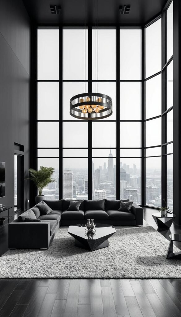 A modern, stylish black living room with a sleek, minimalist design. In the foreground, a low-profile sectional sofa with plush velvet upholstery sits atop a shag area rug, creating a cozy seating area. Suspended from the high ceiling, a modern brushed-metal chandelier casts a warm, ambient glow across the space. The walls are painted a deep, inky black, punctuated by floor-to-ceiling windows that flood the room with natural light and offer a panoramic view of the city skyline in the background. Elegant, modern decor elements, such as a geometric coffee table and angular end tables, complete the high-end, sophisticated aesthetic. A modern, stylish black living room with a sleek, minimalist design. In the foreground, a low-profile sectional sofa with plush velvet upholstery sits atop a shag area rug, creating a cozy seating area. Suspended from the high ceiling, a modern brushed-metal chandelier casts a warm, ambient glow across the space. The walls are painted a deep, inky black, punctuated by floor-to-ceiling windows that flood the room with natural light and offer a panoramic view of the city skyline in the background. Elegant, modern decor elements, such as a geometric coffee table and angular end tables, complete the high-end, sophisticated aesthetic.
