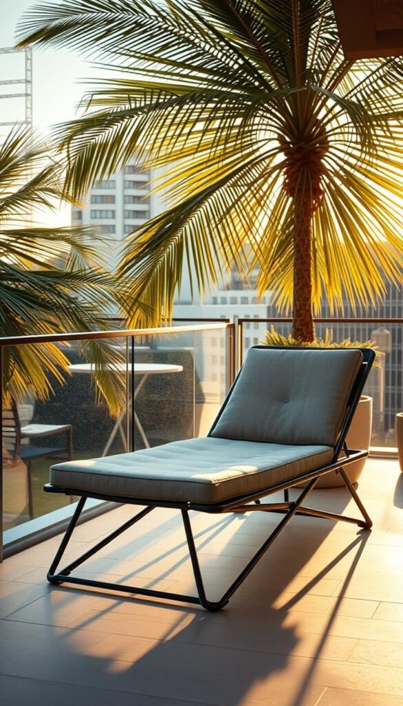 A modern, versatile outdoor chaise lounge with a sleek, angular metal frame and a plush, water-resistant cushion. The piece seamlessly folds and adjusts, transforming into a daybed, lounge chair, or even a casual dining surface. Bathed in warm, golden afternoon sunlight filtering through swaying palm fronds, the scene exudes a sense of effortless, contemporary sophistication perfect for a small urban balcony or patio. A modern, versatile outdoor chaise lounge with a sleek, angular metal frame and a plush, water-resistant cushion. The piece seamlessly folds and adjusts, transforming into a daybed, lounge chair, or even a casual dining surface. Bathed in warm, golden afternoon sunlight filtering through swaying palm fronds, the scene exudes a sense of effortless, contemporary sophistication perfect for a small urban balcony or patio.