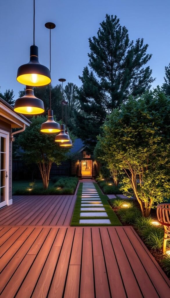 A modern, well-designed backyard with a captivating lighting layout. A wooden deck showcases a series of sleek, minimalist pendant lamps suspended at varying heights, casting a warm, ambient glow. Lining the garden paths, subtly placed path lights illuminate the way, while strategically positioned spotlights highlight the lush foliage and architectural features. The overall atmosphere is one of sophistication and tranquility, creating a cozy and inviting outdoor oasis. A modern, well-designed backyard with a captivating lighting layout. A wooden deck showcases a series of sleek, minimalist pendant lamps suspended at varying heights, casting a warm, ambient glow. Lining the garden paths, subtly placed path lights illuminate the way, while strategically positioned spotlights highlight the lush foliage and architectural features. The overall atmosphere is one of sophistication and tranquility, creating a cozy and inviting outdoor oasis.