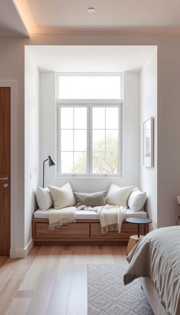 A modern, well-lit bedroom with a stunning built-in bench nestled beneath a large window. The sleek, minimalist design features a soft, neutral color palette of whites, grays, and natural wood tones. Abundant natural light filters in, creating a serene and inviting atmosphere. The bench is seamlessly integrated into the wall, providing ample seating and a cozy reading nook. Plush textiles, including a cozy blanket and throw pillows, add warmth and comfort. The space is decorated with a few carefully curated pieces, such as a modern table lamp and a minimalist piece of wall art, creating a harmonious and visually appealing interior. A modern, well-lit bedroom with a stunning built-in bench nestled beneath a large window. The sleek, minimalist design features a soft, neutral color palette of whites, grays, and natural wood tones. Abundant natural light filters in, creating a serene and inviting atmosphere. The bench is seamlessly integrated into the wall, providing ample seating and a cozy reading nook. Plush textiles, including a cozy blanket and throw pillows, add warmth and comfort. The space is decorated with a few carefully curated pieces, such as a modern table lamp and a minimalist piece of wall art, creating a harmonious and visually appealing interior.
