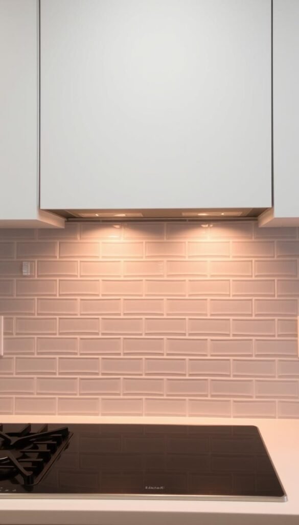 A modern, well-lit kitchen with a sleek, gray subway tile backsplash. The tiles are arranged in a staggered, offset pattern, creating a dynamic visual texture. The backsplash extends from the countertop to the underside of the upper cabinets, framing the cooking area with a crisp, clean aesthetic. Warm, directional lighting illuminates the backsplash, highlighting the subtle variations in the tile color and grout lines. The overall mood is one of contemporary sophistication, complementing the minimalist design of the kitchen's other elements. A modern, well-lit kitchen with a sleek, gray subway tile backsplash. The tiles are arranged in a staggered, offset pattern, creating a dynamic visual texture. The backsplash extends from the countertop to the underside of the upper cabinets, framing the cooking area with a crisp, clean aesthetic. Warm, directional lighting illuminates the backsplash, highlighting the subtle variations in the tile color and grout lines. The overall mood is one of contemporary sophistication, complementing the minimalist design of the kitchen's other elements.