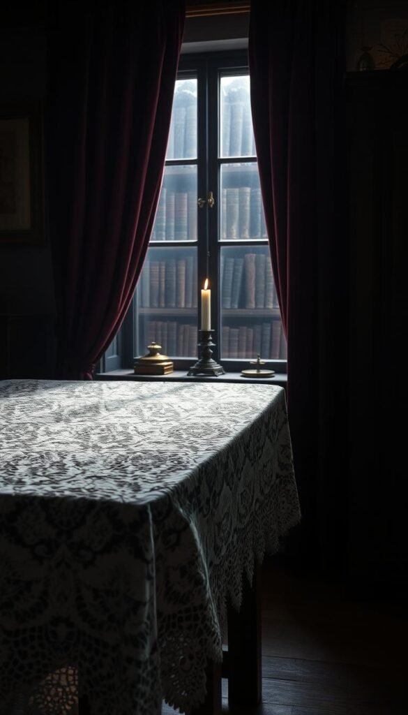 A moody, atmospheric dark academia kitchen textiles scene. In the foreground, a delicate antique lace tablecloth drapes over a rustic wooden table, the intricate pattern casting dramatic shadows. Midground, plush velvet curtains in a deep burgundy hue frame the window, drawing the eye inward. The background features an old-world bookshelf filled with leather-bound tomes, a single candle flickering softly. The lighting is low and hazy, evoking a sense of scholarly contemplation. The overall palette is muted, with accents of brass and antiqued wood. A feeling of timeless elegance and intellectual pursuit pervades the space. A moody, atmospheric dark academia kitchen textiles scene. In the foreground, a delicate antique lace tablecloth drapes over a rustic wooden table, the intricate pattern casting dramatic shadows. Midground, plush velvet curtains in a deep burgundy hue frame the window, drawing the eye inward. The background features an old-world bookshelf filled with leather-bound tomes, a single candle flickering softly. The lighting is low and hazy, evoking a sense of scholarly contemplation. The overall palette is muted, with accents of brass and antiqued wood. A feeling of timeless elegance and intellectual pursuit pervades the space.