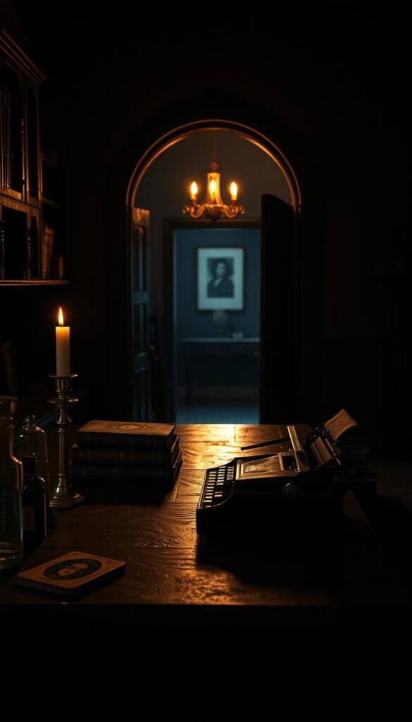 A moody, rich interior with a dark academia aesthetic. An old-world kitchen counter, layered with vintage brass accents, aged leather-bound books, a typewriter, and a flickering candle. In the background, a shadowy arched doorway leads to a dimly lit room, hinting at a deeper, more mysterious atmosphere. Warm lighting casts dramatic shadows, creating a somber, contemplative mood. Captured through a wide-angle lens, the scene has a cinematic, almost haunting quality. A moody, rich interior with a dark academia aesthetic. An old-world kitchen counter, layered with vintage brass accents, aged leather-bound books, a typewriter, and a flickering candle. In the background, a shadowy arched doorway leads to a dimly lit room, hinting at a deeper, more mysterious atmosphere. Warm lighting casts dramatic shadows, creating a somber, contemplative mood. Captured through a wide-angle lens, the scene has a cinematic, almost haunting quality.