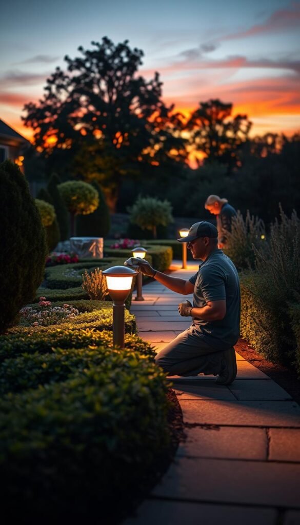 A neatly manicured garden at dusk, soft pools of warm LED lighting illuminate the well-tended flower beds and hedges. A gardener kneels by a low-voltage pathway light, carefully inspecting the fixture and gently wiping the lens with a microfiber cloth. The muted amber glow casts long shadows across the paving stones, creating a tranquil, energy-efficient ambiance. In the distance, the silhouettes of mature trees sway gently against a vibrant sunset sky. The scene conveys a sense of peaceful maintenance, showcasing techniques to preserve the beauty and sustainability of an illuminated outdoor oasis. A neatly manicured garden at dusk, soft pools of warm LED lighting illuminate the well-tended flower beds and hedges. A gardener kneels by a low-voltage pathway light, carefully inspecting the fixture and gently wiping the lens with a microfiber cloth. The muted amber glow casts long shadows across the paving stones, creating a tranquil, energy-efficient ambiance. In the distance, the silhouettes of mature trees sway gently against a vibrant sunset sky. The scene conveys a sense of peaceful maintenance, showcasing techniques to preserve the beauty and sustainability of an illuminated outdoor oasis.