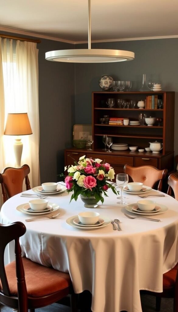A nostalgic 1950s-style dining room table, set with a crisp white tablecloth, a stunning centerpiece of fresh flowers, and an array of vintage-inspired dishware. The table is surrounded by sturdy wooden chairs with plush velvet upholstery, creating a cozy and inviting atmosphere. Warm, soft lighting cascades from a sleek, minimalist chandelier, casting a gentle glow over the scene. In the background, a midcentury modern sideboard displays an assortment of classic glassware and a collection of retro-styled cookbooks. The overall mood is one of timeless elegance and comforting familiarity, transporting the viewer to a bygone era of gracious hospitality. A nostalgic 1950s-style dining room table, set with a crisp white tablecloth, a stunning centerpiece of fresh flowers, and an array of vintage-inspired dishware. The table is surrounded by sturdy wooden chairs with plush velvet upholstery, creating a cozy and inviting atmosphere. Warm, soft lighting cascades from a sleek, minimalist chandelier, casting a gentle glow over the scene. In the background, a midcentury modern sideboard displays an assortment of classic glassware and a collection of retro-styled cookbooks. The overall mood is one of timeless elegance and comforting familiarity, transporting the viewer to a bygone era of gracious hospitality.
