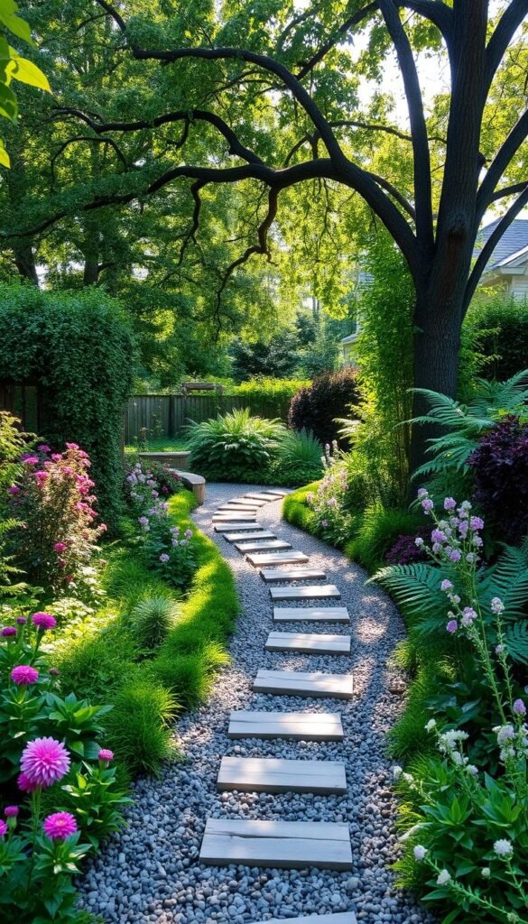 A peaceful backyard garden with a winding gravel pathway leading through lush greenery. Weathered wooden planks and stepping stones guide the way, surrounded by vibrant flowers, ferns, and verdant shrubs. Dappled sunlight filters through the canopy of mature trees, casting a warm, natural glow across the scene. Wildflowers and fragrant herbs line the edges of the path, inviting exploration. The overall atmosphere is one of tranquility, where the sound of birdsong and the rustling of leaves create a serene, relaxing ambiance. A peaceful backyard garden with a winding gravel pathway leading through lush greenery. Weathered wooden planks and stepping stones guide the way, surrounded by vibrant flowers, ferns, and verdant shrubs. Dappled sunlight filters through the canopy of mature trees, casting a warm, natural glow across the scene. Wildflowers and fragrant herbs line the edges of the path, inviting exploration. The overall atmosphere is one of tranquility, where the sound of birdsong and the rustling of leaves create a serene, relaxing ambiance.
