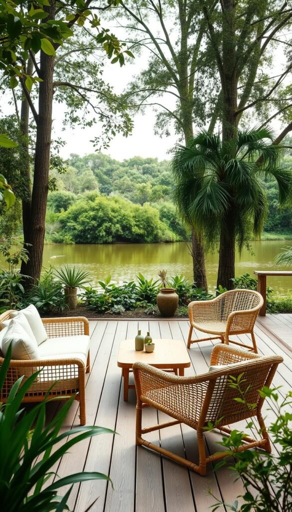 A peaceful outdoor scene showcasing eco-friendly furniture in a lush, natural setting. In the foreground, a modern, minimalist-style sofa and chairs crafted from sustainable materials like woven rattan, bamboo, and recycled plastics. They are arranged on a wooden deck with a neutral color palette, complementing the surrounding greenery. In the middle ground, potted plants and a small garden with native flora create a serene, organic atmosphere. The background features a tranquil pond or lake, with tall trees and a soft, diffused natural light filtering through the leaves, casting a warm, inviting glow over the entire scene. A peaceful outdoor scene showcasing eco-friendly furniture in a lush, natural setting. In the foreground, a modern, minimalist-style sofa and chairs crafted from sustainable materials like woven rattan, bamboo, and recycled plastics. They are arranged on a wooden deck with a neutral color palette, complementing the surrounding greenery. In the middle ground, potted plants and a small garden with native flora create a serene, organic atmosphere. The background features a tranquil pond or lake, with tall trees and a soft, diffused natural light filtering through the leaves, casting a warm, inviting glow over the entire scene.