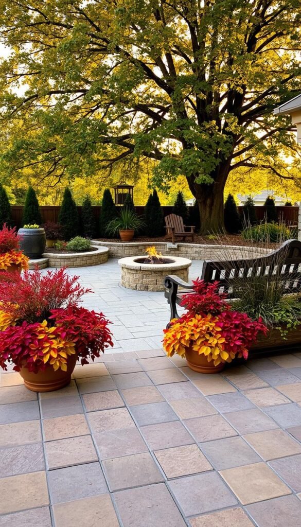 A peaceful patio scene in autumn, with a warm, golden glow from the setting sun. In the foreground, decorative paving stones in earthy tones create a cozy, textured surface. Planters overflow with vibrant fall foliage - reds, oranges, and yellows. A rustic wooden bench sits invitingly, surrounded by potted shrubs and ornamental grasses. The middle ground features a stone or brick fire pit, its flames casting a gentle flickering light. In the background, a lush, mature tree canopy frames the scene, its leaves starting to turn. The atmosphere is one of relaxation and seasonal tranquility, perfect for enjoying the changing weather. A peaceful patio scene in autumn, with a warm, golden glow from the setting sun. In the foreground, decorative paving stones in earthy tones create a cozy, textured surface. Planters overflow with vibrant fall foliage - reds, oranges, and yellows. A rustic wooden bench sits invitingly, surrounded by potted shrubs and ornamental grasses. The middle ground features a stone or brick fire pit, its flames casting a gentle flickering light. In the background, a lush, mature tree canopy frames the scene, its leaves starting to turn. The atmosphere is one of relaxation and seasonal tranquility, perfect for enjoying the changing weather.