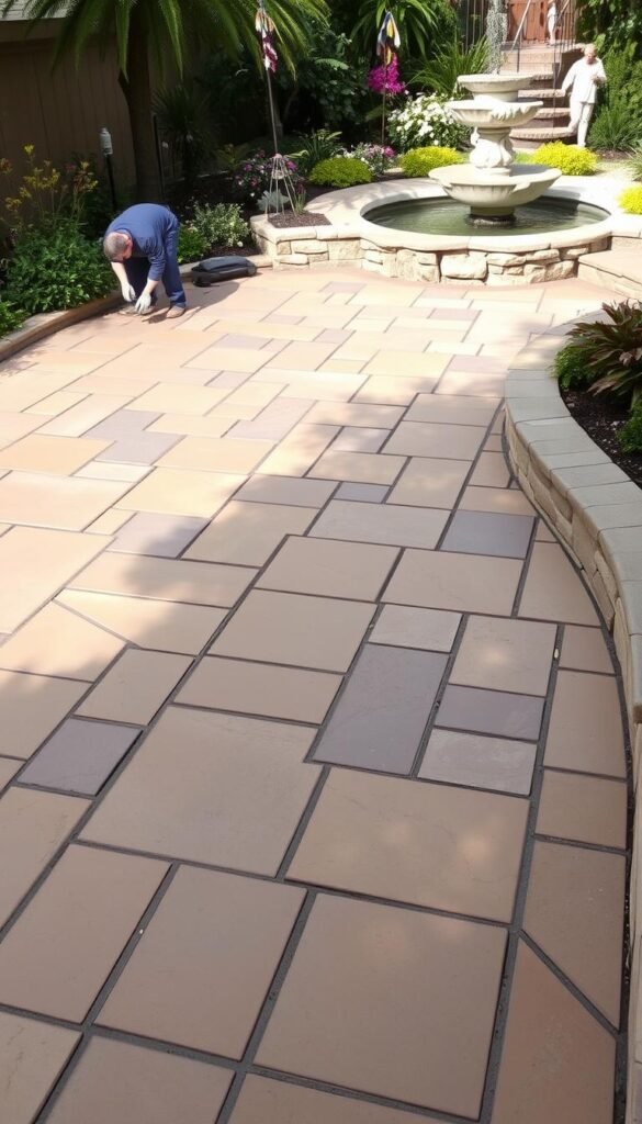 A pristine flagstone patio, its irregular pattern of warm, earthy tones laid with meticulous precision. Soft, diffused sunlight illuminates the scene, casting gentle shadows that accentuate the textural nuances of the stone. In the foreground, a skilled installer meticulously aligns each flagstone, ensuring a seamless, level surface. The middle ground showcases the patio's integration with the surrounding landscape, with lush greenery and vibrant flora framing the tranquil setting. In the background, a well-designed water feature adds a soothing ambiance, its gentle ripples reflecting the natural beauty of the carefully curated outdoor oasis. The overall atmosphere exudes a sense of timeless elegance and craftsmanship, inviting one to linger and bask in the warm, inviting ambiance. A pristine flagstone patio, its irregular pattern of warm, earthy tones laid with meticulous precision. Soft, diffused sunlight illuminates the scene, casting gentle shadows that accentuate the textural nuances of the stone. In the foreground, a skilled installer meticulously aligns each flagstone, ensuring a seamless, level surface. The middle ground showcases the patio's integration with the surrounding landscape, with lush greenery and vibrant flora framing the tranquil setting. In the background, a well-designed water feature adds a soothing ambiance, its gentle ripples reflecting the natural beauty of the carefully curated outdoor oasis. The overall atmosphere exudes a sense of timeless elegance and craftsmanship, inviting one to linger and bask in the warm, inviting ambiance.