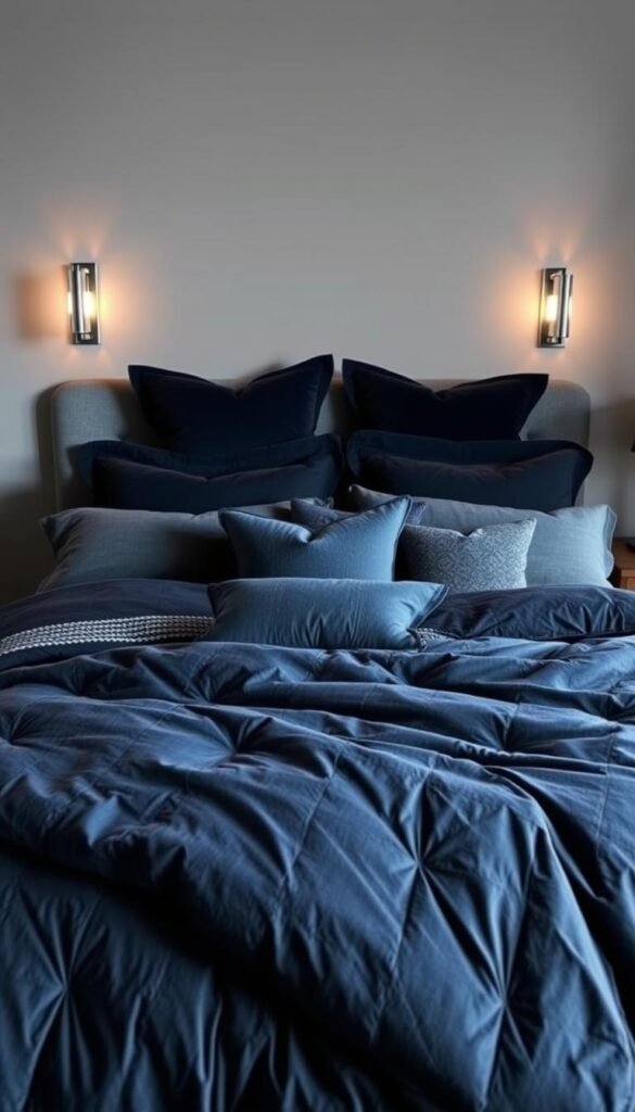 A richly textured, modern bedroom with dramatic bedding as the focal point. Soft gray walls provide a neutral backdrop, accentuated by a plush, oversized duvet in a deep, midnight blue hue. The bedding is adorned with contrasting patterns and textures, creating a striking, yet cozy ambiance. Toss pillows in various shades of blue and gray add depth and visual interest. Warm, ambient lighting from a pair of sleek, metallic sconces casts a gentle glow, heightening the sense of sophistication. A minimalist, wooden nightstand with a single, sculptural lamp completes the look, balancing the bold bedding with understated elegance. A richly textured, modern bedroom with dramatic bedding as the focal point. Soft gray walls provide a neutral backdrop, accentuated by a plush, oversized duvet in a deep, midnight blue hue. The bedding is adorned with contrasting patterns and textures, creating a striking, yet cozy ambiance. Toss pillows in various shades of blue and gray add depth and visual interest. Warm, ambient lighting from a pair of sleek, metallic sconces casts a gentle glow, heightening the sense of sophistication. A minimalist, wooden nightstand with a single, sculptural lamp completes the look, balancing the bold bedding with understated elegance.