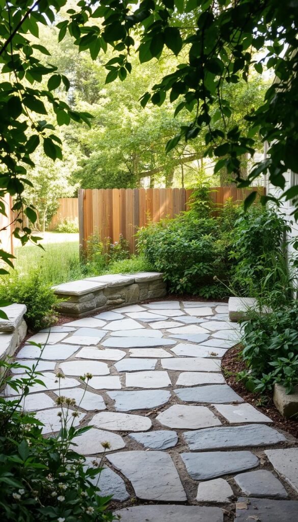 A rustic DIY flagstone patio nestled in a lush, verdant backyard. Irregular stone slabs in warm grays and beiges are meticulously arranged in an organic, natural pattern, creating a charming, hand-crafted look. Verdant foliage frames the scene, with delicate wildflowers and trailing vines adding pops of color. Soft, diffused natural lighting filters through the surrounding trees, casting gentle shadows and creating a tranquil, inviting atmosphere. The patio blends seamlessly with its natural surroundings, exuding a sense of timeless, homespun elegance perfect for a beginner's DIY flagstone project. A rustic DIY flagstone patio nestled in a lush, verdant backyard. Irregular stone slabs in warm grays and beiges are meticulously arranged in an organic, natural pattern, creating a charming, hand-crafted look. Verdant foliage frames the scene, with delicate wildflowers and trailing vines adding pops of color. Soft, diffused natural lighting filters through the surrounding trees, casting gentle shadows and creating a tranquil, inviting atmosphere. The patio blends seamlessly with its natural surroundings, exuding a sense of timeless, homespun elegance perfect for a beginner's DIY flagstone project.