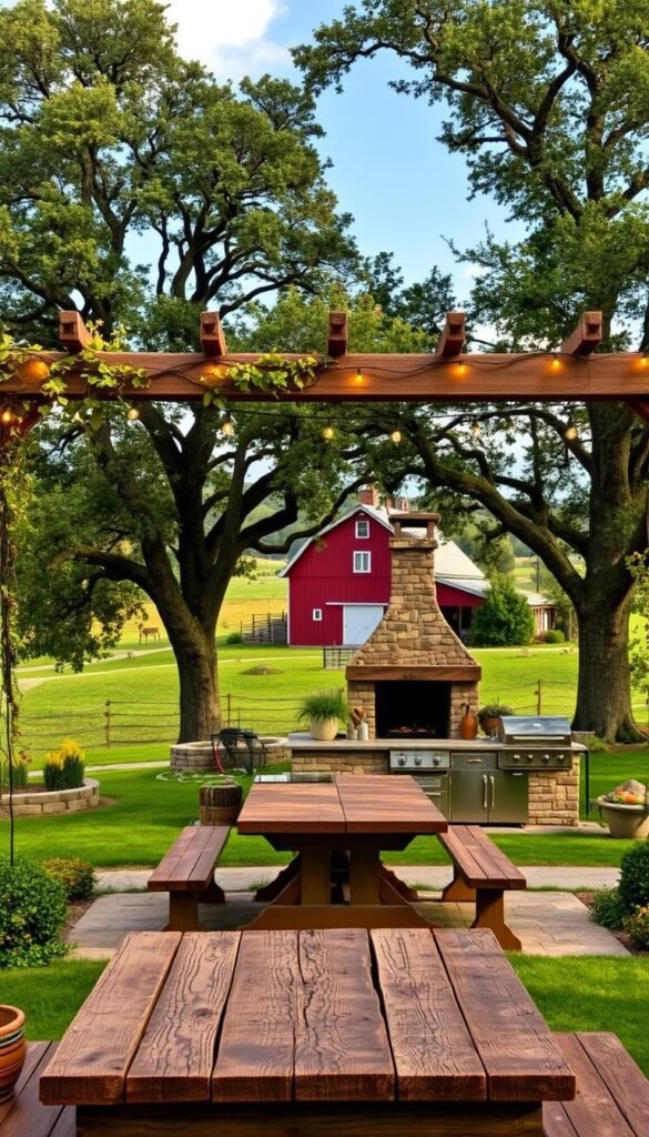 A rustic farmhouse outdoor kitchen nestled amidst a lush, verdant landscape. In the foreground, a weathered wooden table and benches sit beneath a sturdy pergola, adorned with trailing vines and string lights that cast a warm, inviting glow. The middle ground features a large stone fireplace, its chimney rising up through the canopy of towering oak trees. In the background, a picturesque red barn stands tall, framed by rolling hills and a clear, azure sky. The overall scene exudes a sense of timeless charm and casual, countryside elegance. A rustic farmhouse outdoor kitchen nestled amidst a lush, verdant landscape. In the foreground, a weathered wooden table and benches sit beneath a sturdy pergola, adorned with trailing vines and string lights that cast a warm, inviting glow. The middle ground features a large stone fireplace, its chimney rising up through the canopy of towering oak trees. In the background, a picturesque red barn stands tall, framed by rolling hills and a clear, azure sky. The overall scene exudes a sense of timeless charm and casual, countryside elegance.