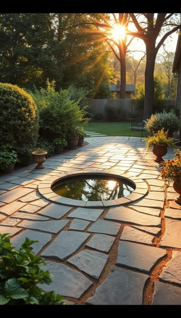 A rustic flagstone patio nestled in a serene backyard, bathed in warm, golden afternoon sunlight. Weathered grey stones create an inviting, textured surface, complemented by verdant foliage and a few scattered potted plants. Lush shrubs and towering trees frame the scene, casting gentle shadows that dance across the patio. The atmosphere is one of tranquility and relaxation, with a touch of timeless elegance. A shallow reflecting pool adds a soothing, mirror-like element, capturing the natural beauty all around. The overall composition strikes a balance between the built and the natural, showcasing the harmonious integration of an outdoor living space within its picturesque surroundings. A rustic flagstone patio nestled in a serene backyard, bathed in warm, golden afternoon sunlight. Weathered grey stones create an inviting, textured surface, complemented by verdant foliage and a few scattered potted plants. Lush shrubs and towering trees frame the scene, casting gentle shadows that dance across the patio. The atmosphere is one of tranquility and relaxation, with a touch of timeless elegance. A shallow reflecting pool adds a soothing, mirror-like element, capturing the natural beauty all around. The overall composition strikes a balance between the built and the natural, showcasing the harmonious integration of an outdoor living space within its picturesque surroundings.