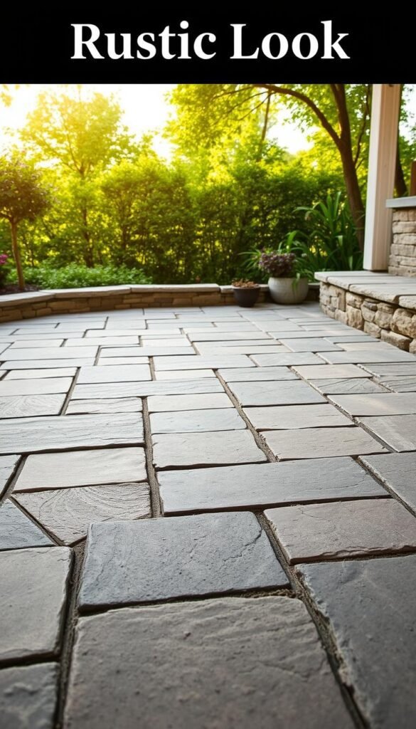 A rustic patio with natural stone pavers laid in an irregular pattern, creating a warm, earthy ambiance. The pavers have a varied texture and color, ranging from light gray to deep charcoal, with subtle veining and weathered edges. They are set against a backdrop of lush, verdant foliage, with the sun casting a soft, golden glow across the scene. The pavers are arranged in a slightly staggered layout, adding visual interest and a sense of depth. The overall composition evokes a timeless, rustic charm, perfectly complementing the "Rustic Look" theme of the patio design article. A rustic patio with natural stone pavers laid in an irregular pattern, creating a warm, earthy ambiance. The pavers have a varied texture and color, ranging from light gray to deep charcoal, with subtle veining and weathered edges. They are set against a backdrop of lush, verdant foliage, with the sun casting a soft, golden glow across the scene. The pavers are arranged in a slightly staggered layout, adding visual interest and a sense of depth. The overall composition evokes a timeless, rustic charm, perfectly complementing the "Rustic Look" theme of the patio design article.