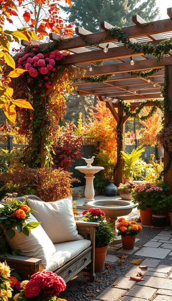 A serene autumn garden, soft morning light filtering through vibrant foliage. In the foreground, a cozy seating area with plush cushions and a rustic wooden bench, surrounded by potted mums and cascading vines. The middle ground features a delicate birdbath reflecting the changing colors, while in the background, a wooden pergola draped in string lights and seasonal garlands sets the mood for alfresco entertaining. The atmosphere is one of warmth, wonder, and a gentle embrace of the changing seasons. A serene autumn garden, soft morning light filtering through vibrant foliage. In the foreground, a cozy seating area with plush cushions and a rustic wooden bench, surrounded by potted mums and cascading vines. The middle ground features a delicate birdbath reflecting the changing colors, while in the background, a wooden pergola draped in string lights and seasonal garlands sets the mood for alfresco entertaining. The atmosphere is one of warmth, wonder, and a gentle embrace of the changing seasons.