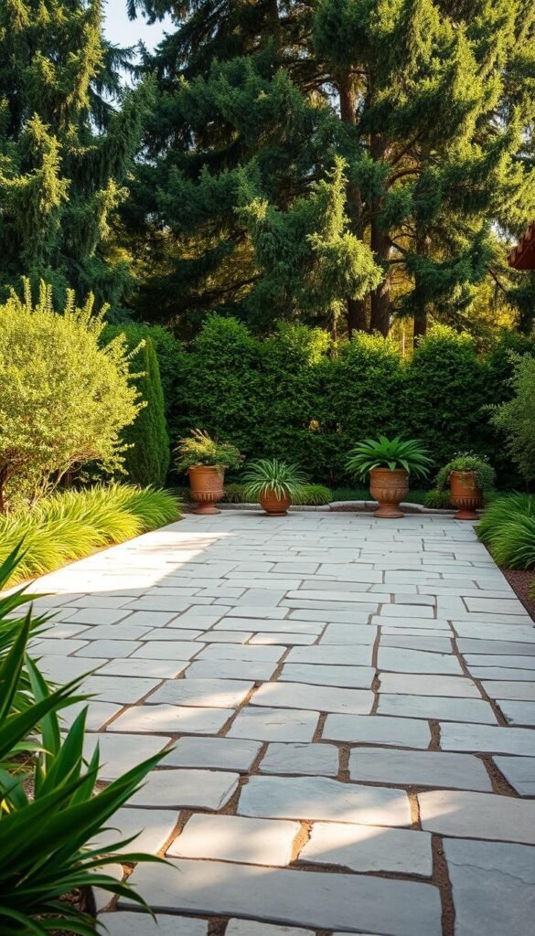 A serene flagstone patio nestled in a lush, climate-appropriate landscape. In the foreground, a sun-dappled flagstone surface stretches out, bordered by verdant plants suited to the local climate. In the middle ground, decorative planters and potted greenery accent the patio, complementing the natural stone. The background features a harmonious blend of towering trees or shrubs, casting gentle shadows and creating a tranquil, sheltered ambiance. Warm, directional lighting highlights the textural details of the flagstones, while a soft, diffused glow emanates from the surrounding environment. The overall scene conveys a sense of comfortable, weathered elegance tailored to the specific climate. A serene flagstone patio nestled in a lush, climate-appropriate landscape. In the foreground, a sun-dappled flagstone surface stretches out, bordered by verdant plants suited to the local climate. In the middle ground, decorative planters and potted greenery accent the patio, complementing the natural stone. The background features a harmonious blend of towering trees or shrubs, casting gentle shadows and creating a tranquil, sheltered ambiance. Warm, directional lighting highlights the textural details of the flagstones, while a soft, diffused glow emanates from the surrounding environment. The overall scene conveys a sense of comfortable, weathered elegance tailored to the specific climate.