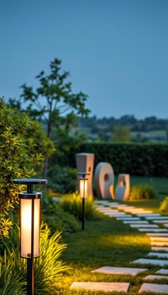 A serene garden path illuminated by a series of modern, sleek outdoor light fixtures. In the foreground, a row of sustainable, solar-powered lamps line the walkway, casting a warm, energy-efficient glow. The middle ground features a mix of minimalist, carved stone and timber fixtures, seamlessly blending with the lush, verdant foliage. In the background, a faint silhouette of a well-manicured, eco-friendly landscape. The overall scene evokes a sense of harmony, where nature and technology coexist in perfect balance, creating a tranquil, inviting atmosphere. A serene garden path illuminated by a series of modern, sleek outdoor light fixtures. In the foreground, a row of sustainable, solar-powered lamps line the walkway, casting a warm, energy-efficient glow. The middle ground features a mix of minimalist, carved stone and timber fixtures, seamlessly blending with the lush, verdant foliage. In the background, a faint silhouette of a well-manicured, eco-friendly landscape. The overall scene evokes a sense of harmony, where nature and technology coexist in perfect balance, creating a tranquil, inviting atmosphere.
