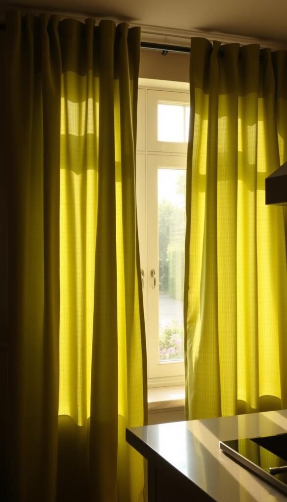 A serene kitchen space with lush, sage green curtains framing the view of a picturesque garden outside. The curtains are made of a soft, billowing fabric that gently sways in the warm, natural light filtering through the large windows. The kitchen itself is bathed in a soft, golden glow, with the green hues of the curtains creating a calming, nature-inspired ambiance. Subtle texture and subtle patterns in the fabric add depth and visual interest. The composition captures the kitchen in a tranquil, contemplative moment, inviting the viewer to imagine themselves preparing a meal in this serene, nurturing space. A serene kitchen space with lush, sage green curtains framing the view of a picturesque garden outside. The curtains are made of a soft, billowing fabric that gently sways in the warm, natural light filtering through the large windows. The kitchen itself is bathed in a soft, golden glow, with the green hues of the curtains creating a calming, nature-inspired ambiance. Subtle texture and subtle patterns in the fabric add depth and visual interest. The composition captures the kitchen in a tranquil, contemplative moment, inviting the viewer to imagine themselves preparing a meal in this serene, nurturing space.