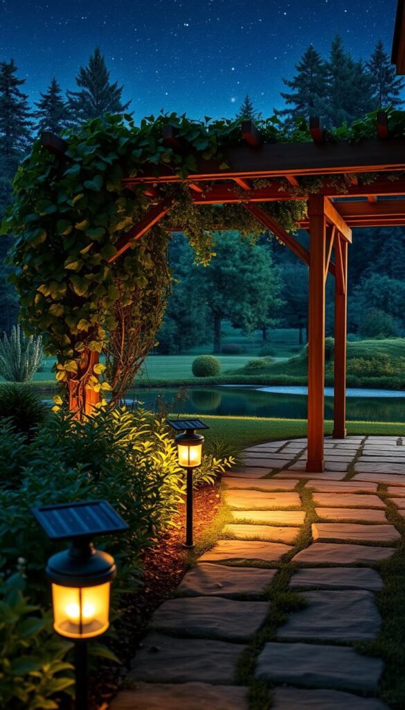 A serene outdoor garden scene, illuminated by a warm, natural glow from eco-friendly fixtures. In the foreground, a row of solar-powered garden lights line a rustic stone path, their soft LED bulbs casting a gentle ambiance. In the middle ground, a charming wooden pergola is draped in cascading vines and climbing plants, their lush foliage complemented by discreet, energy-efficient uplights. In the background, a verdant landscape unfolds, with towering trees and a tranquil pond reflecting the starry night sky above. The overall composition exudes a sense of harmony, where modern sustainable technology blends seamlessly with the beauty of nature. A serene outdoor garden scene, illuminated by a warm, natural glow from eco-friendly fixtures. In the foreground, a row of solar-powered garden lights line a rustic stone path, their soft LED bulbs casting a gentle ambiance. In the middle ground, a charming wooden pergola is draped in cascading vines and climbing plants, their lush foliage complemented by discreet, energy-efficient uplights. In the background, a verdant landscape unfolds, with towering trees and a tranquil pond reflecting the starry night sky above. The overall composition exudes a sense of harmony, where modern sustainable technology blends seamlessly with the beauty of nature.