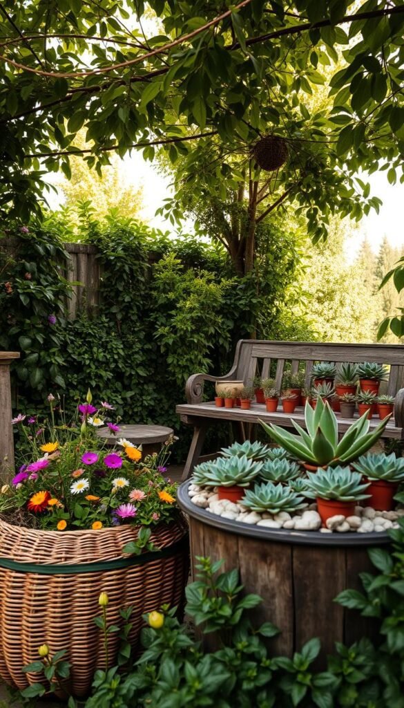 A serene outdoor oasis, adorned with an abundance of lush, verdant foliage. In the foreground, a rustic, handcrafted planter overflows with a vibrant mix of native wildflowers, their petals gently swaying in the soft breeze. Nestled amidst the greenery, a woven rattan pouf invites visitors to pause and soak in the tranquil ambiance. In the middle ground, a weathered wooden bench is adorned with an array of potted succulents, their delicate forms mirroring the natural contours of the surrounding landscape. Overhead, a canopy of leafy branches filters the warm, diffused sunlight, casting a soothing, earthy glow upon the scene. The overall mood evokes a sense of harmony and mindful connection with the great outdoors. A serene outdoor oasis, adorned with an abundance of lush, verdant foliage. In the foreground, a rustic, handcrafted planter overflows with a vibrant mix of native wildflowers, their petals gently swaying in the soft breeze. Nestled amidst the greenery, a woven rattan pouf invites visitors to pause and soak in the tranquil ambiance. In the middle ground, a weathered wooden bench is adorned with an array of potted succulents, their delicate forms mirroring the natural contours of the surrounding landscape. Overhead, a canopy of leafy branches filters the warm, diffused sunlight, casting a soothing, earthy glow upon the scene. The overall mood evokes a sense of harmony and mindful connection with the great outdoors.