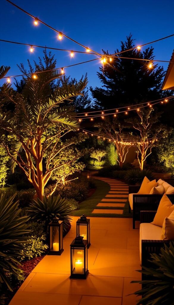 A serene outdoor oasis at dusk, bathed in a warm, inviting glow. Elegant string lights cast a soft, ambient light, casting mesmerizing shadows on the patio. Strategically placed uplights illuminate ornamental trees and shrubs, creating depth and drama. Sleek, modern lanterns line a meandering garden path, guiding the way. Plush, contemporary outdoor furniture sits nestled in the glow, inviting guests to linger and soak in the enchanting atmosphere. A harmonious blend of modern and natural elements, radiating a cozy, sophisticated ambiance. A serene outdoor oasis at dusk, bathed in a warm, inviting glow. Elegant string lights cast a soft, ambient light, casting mesmerizing shadows on the patio. Strategically placed uplights illuminate ornamental trees and shrubs, creating depth and drama. Sleek, modern lanterns line a meandering garden path, guiding the way. Plush, contemporary outdoor furniture sits nestled in the glow, inviting guests to linger and soak in the enchanting atmosphere. A harmonious blend of modern and natural elements, radiating a cozy, sophisticated ambiance.