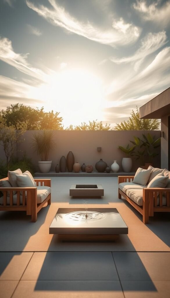 A serene outdoor oasis, bathed in warm, golden sunlight filtering through wispy clouds. In the foreground, a minimalist modern sofa and armchair arrangement, crafted from clean lines of natural wood and plush, neutral-toned cushions. The middle ground features a sleek, low-profile coffee table, its surface reflecting the tranquil movement of a small water feature nearby. In the background, a carefully curated arrangement of potted plants and sculptural elements creates a harmonious, zen-like ambiance. The overall scene exudes a sense of understated elegance and tranquility, perfectly capturing the essence of "Embracing Minimalism in Outdoor Spaces". A serene outdoor oasis, bathed in warm, golden sunlight filtering through wispy clouds. In the foreground, a minimalist modern sofa and armchair arrangement, crafted from clean lines of natural wood and plush, neutral-toned cushions. The middle ground features a sleek, low-profile coffee table, its surface reflecting the tranquil movement of a small water feature nearby. In the background, a carefully curated arrangement of potted plants and sculptural elements creates a harmonious, zen-like ambiance. The overall scene exudes a sense of understated elegance and tranquility, perfectly capturing the essence of "Embracing Minimalism in Outdoor Spaces".