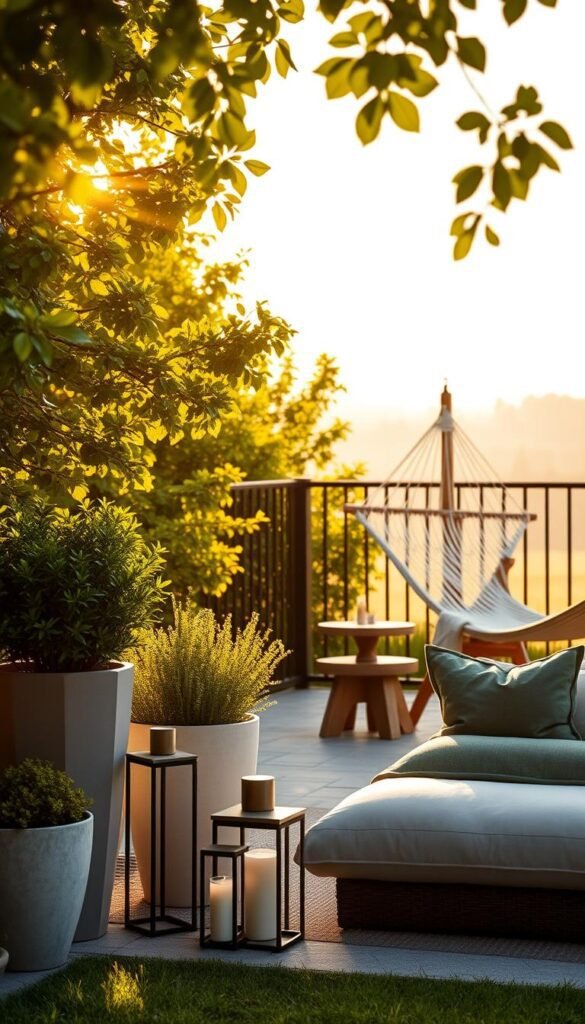 A serene outdoor setting, bathed in warm, golden sunlight filtering through lush foliage. In the foreground, an artfully curated collection of modern outdoor accessories – sleek planters overflowing with vibrant greenery, stylish lanterns casting a soft glow, and a set of plush, weather-resistant cushions inviting relaxation. The middle ground features a minimalist, yet chic, wooden side table and a hammock swaying gently in the breeze. In the background, the scene is framed by a picturesque fence and the distant, hazy silhouettes of trees, creating a sense of tranquility and harmony. The overall aesthetic is one of effortless sophistication, blending natural elements with contemporary design. A serene outdoor setting, bathed in warm, golden sunlight filtering through lush foliage. In the foreground, an artfully curated collection of modern outdoor accessories – sleek planters overflowing with vibrant greenery, stylish lanterns casting a soft glow, and a set of plush, weather-resistant cushions inviting relaxation. The middle ground features a minimalist, yet chic, wooden side table and a hammock swaying gently in the breeze. In the background, the scene is framed by a picturesque fence and the distant, hazy silhouettes of trees, creating a sense of tranquility and harmony. The overall aesthetic is one of effortless sophistication, blending natural elements with contemporary design.
