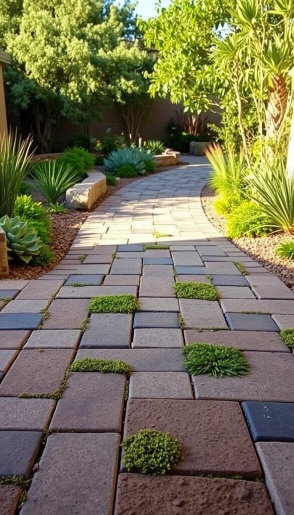 A serene, well-lit patio showcasing an array of eco-friendly paving options. In the foreground, a mix of permeable pavers in earthy tones - some with embedded greenery - create a textured, nature-inspired surface. In the middle ground, a combination of recycled rubber and interlocking concrete pavers form a visually interesting and sustainable walkway. The background features lush, drought-resistant landscaping, including native plants and trees, creating a harmonious, environmentally conscious outdoor space. A serene, well-lit patio showcasing an array of eco-friendly paving options. In the foreground, a mix of permeable pavers in earthy tones - some with embedded greenery - create a textured, nature-inspired surface. In the middle ground, a combination of recycled rubber and interlocking concrete pavers form a visually interesting and sustainable walkway. The background features lush, drought-resistant landscaping, including native plants and trees, creating a harmonious, environmentally conscious outdoor space.