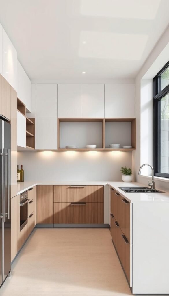 A sleek, modern kitchen with a customizable, modular design. Streamlined cabinets and countertops in a minimalist palette of white, gray, and wood tones. Strategically placed shelves and drawers allow for personalized storage and organization. Recessed lighting casts a warm, inviting glow, while large windows flood the space with natural light. Stainless steel appliances add a touch of industrial chic. The kitchen's flexible layout can be easily configured to suit any space or lifestyle, creating a highly functional and visually appealing culinary haven. A sleek, modern kitchen with a customizable, modular design. Streamlined cabinets and countertops in a minimalist palette of white, gray, and wood tones. Strategically placed shelves and drawers allow for personalized storage and organization. Recessed lighting casts a warm, inviting glow, while large windows flood the space with natural light. Stainless steel appliances add a touch of industrial chic. The kitchen's flexible layout can be easily configured to suit any space or lifestyle, creating a highly functional and visually appealing culinary haven.