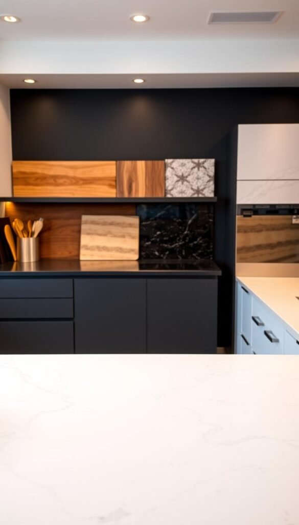 A sleek, modern kitchen with an array of popular countertop finishes prominently displayed. In the foreground, a gleaming quartz countertop with subtle veining reflects the warm lighting overhead. In the middle ground, a matte black granite slab contrasts with the lighter hues, while to the side, a polished butcher block surface adds a rustic touch. The background features an assortment of other options, from smooth, light-colored engineered stone to rich, textured soapstone, all captured in a well-lit, evenly-exposed scene that showcases the diverse range of contemporary countertop materials. A sleek, modern kitchen with an array of popular countertop finishes prominently displayed. In the foreground, a gleaming quartz countertop with subtle veining reflects the warm lighting overhead. In the middle ground, a matte black granite slab contrasts with the lighter hues, while to the side, a polished butcher block surface adds a rustic touch. The background features an assortment of other options, from smooth, light-colored engineered stone to rich, textured soapstone, all captured in a well-lit, evenly-exposed scene that showcases the diverse range of contemporary countertop materials.