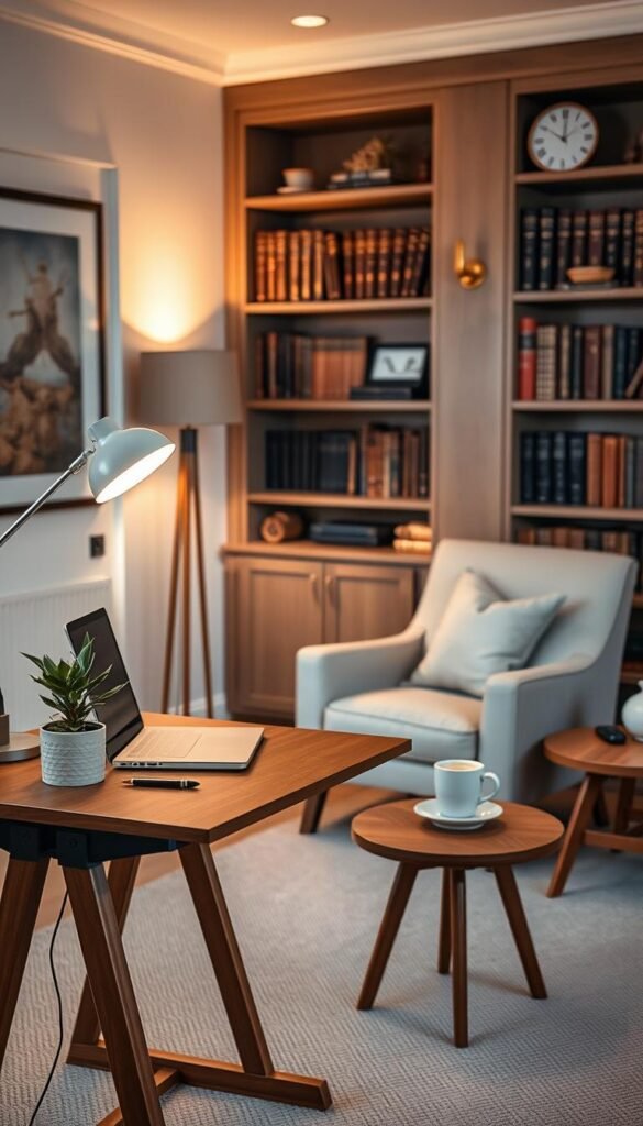 A small, cozy living room office with a mid-century modern aesthetic. In the foreground, a sleek, wooden standing desk with a minimalist lamp and a potted succulent. On the desk, a laptop, a notebook, and a modern fountain pen. In the middle ground, a comfortable armchair upholstered in a soft, neutral fabric, paired with a wooden side table holding a cup of coffee. In the background, built-in bookshelves filled with leather-bound books and decorative objects, creating a sense of warmth and intelligence. Soft, warm lighting from a floor lamp and a wall sconce casts a gentle glow throughout the space. The overall mood is one of focused productivity and understated sophistication. A small, cozy living room office with a mid-century modern aesthetic. In the foreground, a sleek, wooden standing desk with a minimalist lamp and a potted succulent. On the desk, a laptop, a notebook, and a modern fountain pen. In the middle ground, a comfortable armchair upholstered in a soft, neutral fabric, paired with a wooden side table holding a cup of coffee. In the background, built-in bookshelves filled with leather-bound books and decorative objects, creating a sense of warmth and intelligence. Soft, warm lighting from a floor lamp and a wall sconce casts a gentle glow throughout the space. The overall mood is one of focused productivity and understated sophistication.
