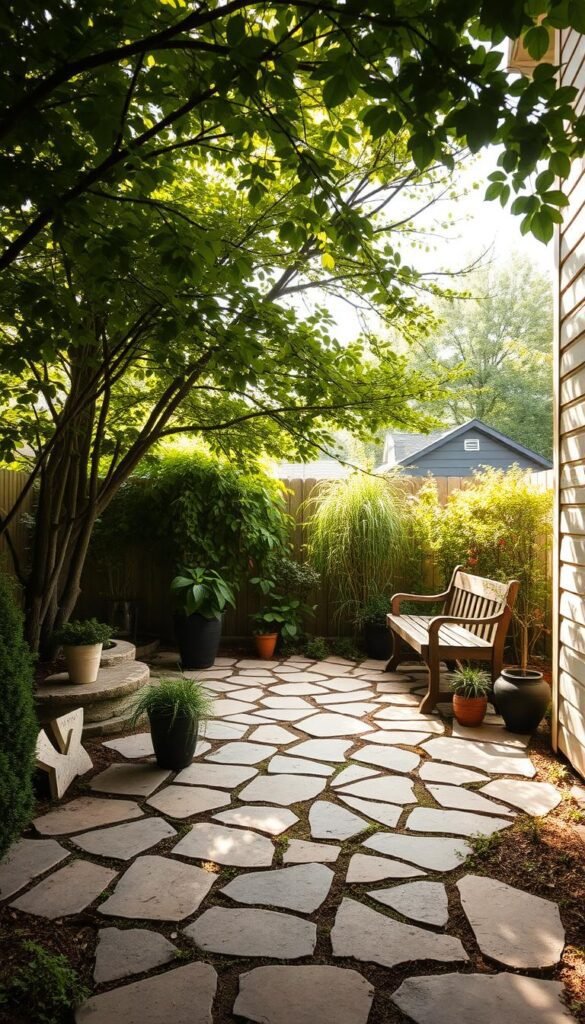 A small flagstone patio nestled in a lush, verdant backyard. The natural stone pavers are arranged in an organic, irregular pattern, creating a cozy and inviting outdoor space. Soft, diffused sunlight filters through the canopy of overhanging trees, casting a warm glow across the scene. Potted plants and strategically placed garden decor add pops of color and texture, while a simple wooden bench provides a perfect spot to relax and soak in the tranquil atmosphere. The overall composition evokes a sense of serenity and a connection to the natural world, making this an ideal oasis for a small urban or suburban garden. A small flagstone patio nestled in a lush, verdant backyard. The natural stone pavers are arranged in an organic, irregular pattern, creating a cozy and inviting outdoor space. Soft, diffused sunlight filters through the canopy of overhanging trees, casting a warm glow across the scene. Potted plants and strategically placed garden decor add pops of color and texture, while a simple wooden bench provides a perfect spot to relax and soak in the tranquil atmosphere. The overall composition evokes a sense of serenity and a connection to the natural world, making this an ideal oasis for a small urban or suburban garden.