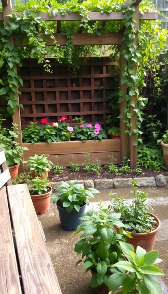 A small garden oasis with lush greenery and simple, budget-friendly features. In the foreground, a cozy seating area with a rustic wooden bench and potted plants. The middle ground showcases a neatly arranged raised garden bed with vibrant flowers and herbs. In the background, a wooden trellis supports cascading vines, casting a warm, natural ambiance. The lighting is soft and diffused, creating a serene, inviting atmosphere. The camera angle is slightly elevated, capturing the entire garden layout in a harmonious composition. A small garden oasis with lush greenery and simple, budget-friendly features. In the foreground, a cozy seating area with a rustic wooden bench and potted plants. The middle ground showcases a neatly arranged raised garden bed with vibrant flowers and herbs. In the background, a wooden trellis supports cascading vines, casting a warm, natural ambiance. The lighting is soft and diffused, creating a serene, inviting atmosphere. The camera angle is slightly elevated, capturing the entire garden layout in a harmonious composition.